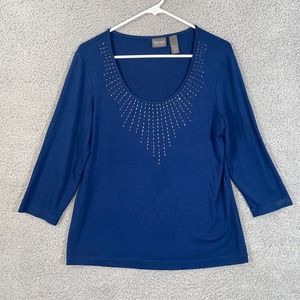 Additions by Chico's Blouse Womens 1 Blue 3/4 Sleeve Pullover Scoop Neck Beaded